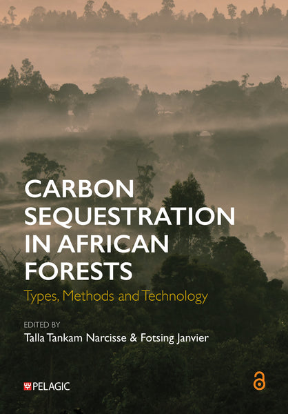 Book cover of 'Carbon Sequestration in African Forests' with a forest landscape in the background.